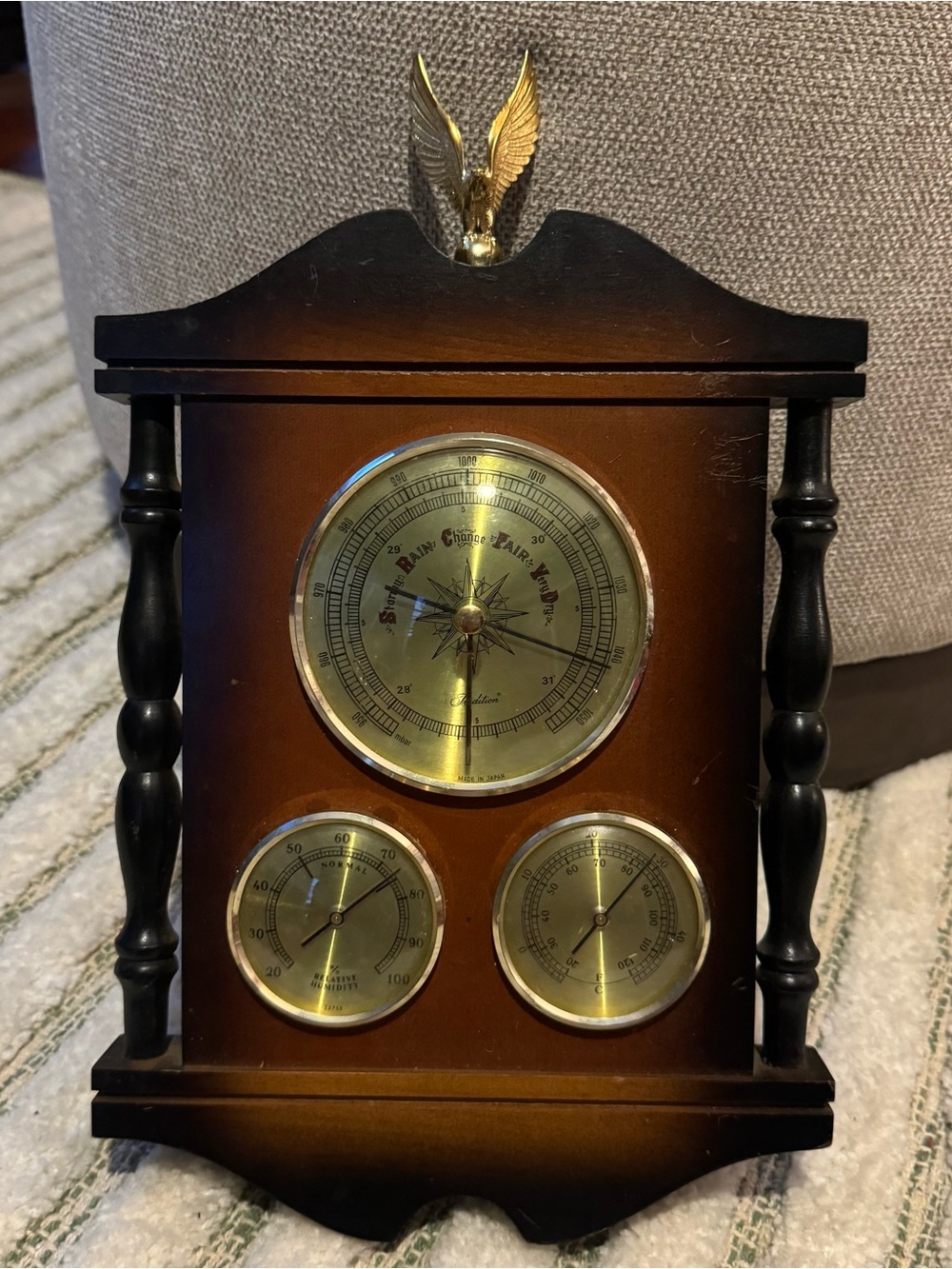 Vintage Sears Tradition Aneroid Barometer Thermometer Hygrometer Wood Eagle Japa